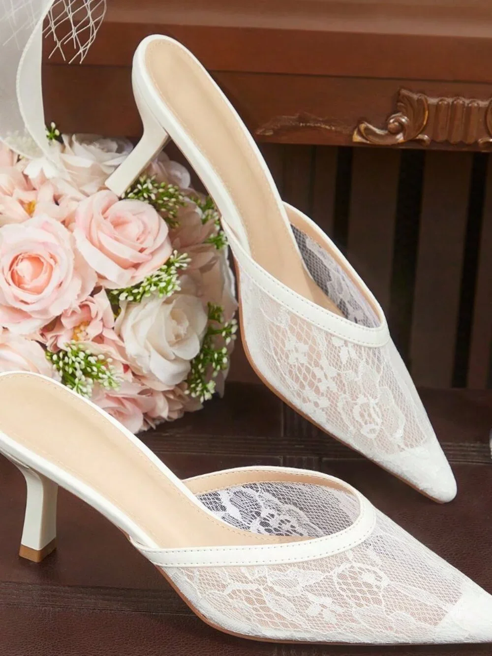White Elegant Women's Pointed Toe High Heel Mules Wedding Bride Shoes - Picture 1 of 8